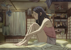1girl bare_arms bare_legs barefoot black_eyes black_hair book bookshelf box breasts buttons camisole can cardboard_box cassette_tape chest_of_drawers clock closed_mouth clothes_hanger electric_fan expressionless feet futon grey_shorts half-closed_eyes indoors knees_up legs long_hair notebook original photo_(object) piggy_bank pillow pink_camisole plaid_clothes plaid_shorts profile radio reengirl shirt shorts shouji sidelocks sitting sliding_doors small_breasts solo spaghetti_strap table tatami toes trash_can upside-down_background