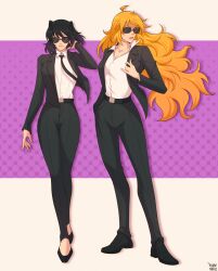 Rule 34 | 2girls, ahoge, animal ears, arm behind back, artist name, belt, black belt, black footwear, black hair, black jacket, black necktie, black pants, blake belladonna, blonde hair, boots, border, cat ears, collared shirt, covered eyes, hair between eyes, hand on own head, high heels, highres, jacket, long hair, long sleeves, multiple girls, necktie, open clothes, open jacket, pants, rwby, shirt, short hair, sunglasses, white border, white shirt, yang xiao long, yellow nicky