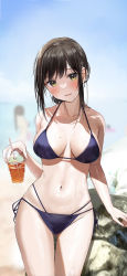 1girl bad_id bad_pixiv_id beach bikini blue_bikini blurry blurry_background breasts bubble_tea collarbone cup drinking_straw halterneck head_tilt highres holding holding_cup large_breasts looking_at_viewer mole mole_on_breast navel ocean original rouka_(akatyann) side-tie_bikini_bottom solo_focus string_bikini swimsuit wet yellow_eye