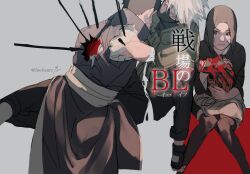 Rule 34 | 1girl, 2boys, black coat, black gloves, black hair, blood, brown eyes, brown hair, brown shirt, brown thighhighs, coat, flak jacket, gloves, grey background, grey hair, hatake kakashi, highres, jacket, konohagakure shinobi uniform, long sleeves, mask, mouth mask, multiple boys, naruto (series), naruto shippuuden, ninja, ninja mask, nohara rin, shirt, short hair, simple background, spiked hair, thighhighs, uchiha obito, zifletts