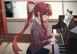 Rule 34 | 1girl, blue skirt, brown hair, commentary, computer, danraz0r, doki doki literature club, doki doki literature club school uniform, glitch, green eyes, grey jacket, hair ribbon, highres, indoors, instrument, jacket, laptop, long hair, long sleeves, monika (doki doki literature club), piano, ponytail, ribbon, school uniform, shirt, sitting, skirt, solo, white ribbon, white shirt, window