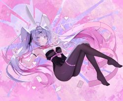 1girl :q absurdres animal_ears black_leotard black_pantyhose black_ribbon blue_eyes bow bowtie breasts card closed_mouth clothing_cutout colored_eyelashes commentary cuffs detached_collar fake_animal_ears full_body hair_intakes hair_ornament hair_ribbon handcuffs hands_up hatsune_miku heart heart_cutout highleg highleg_leotard highres leotard long_hair looking_at_viewer medium_breasts multicolored_hair no_shoes pantyhose pink_bow pink_bowtie pink_nails pink_pupils pink_ribbon playboy_bunny playing_card qiu_ri rabbit_ears rabbit_hole_(vocaloid) ribbon sideboob sidelocks signature solo teardrop_facial_mark thigh_strap tongue tongue_out twintails two-tone_hair v very_long_hair vocaloid wrist_ribbon x_hair_ornament