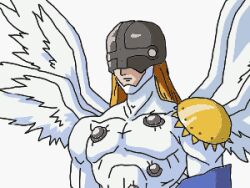 Rule 34 | angemon, blonde hair, covered eyes, digimon, digimon (creature), helmet, helmet over eyes, lowres, markininja07, non-web source, wings