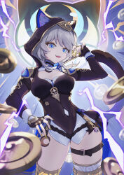 1girl absurdres animal_ears animal_hood belt black_gloves black_leotard blue_eyes breasts cat_ears cat_girl cat_hood cat_tail cipher_(honkai:_star_rail) cleavage coin commentary_request enomura_aoumi fingerless_gloves gloves gold_coin grey_hair highres holding holding_coin honkai:_star_rail honkai_(series) hood hooded_leotard large_breasts leotard mole mole_on_breast short_hair_with_long_locks shorts solo tail thigh_belt thigh_strap thighs white_shorts