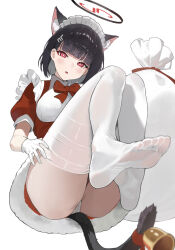 1girl alternate_hair_length alternate_hairstyle animal_ears ass bell black_hair blue_archive blush breasts cat_ears cat_tail feet gloves highres kagemoe1003 panties rio_(blue_archive) sack santa_costume short_hair short_sleeves soles solo tail underwear white_gloves white_panties