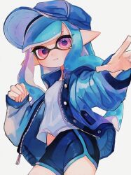1girl :t baseball_cap black_shorts blue_hair blue_hat blue_jacket blunt_bangs closed_mouth cowboy_shot dolphin_shorts hat inkling inkling_girl inkling_player_character jacket kodak_painter long_hair long_sleeves looking_at_viewer multicolored_eyes nintendo open_clothes open_jacket pink_eyes pointy_ears purple_eyes shirt shorts solo splatoon_(series) tearing_up tentacle_hair two-tone_eyes very_long_hair white_shirt