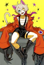 1boy animal_ears black_shorts blonde_hair blue_sclera boots cat_boy cat_ears cat_tail claws coat colored_sclera full_body highres long_hair looking_at_viewer male_focus mismatched_pupils mismatched_sclera momomo_906 original oversized_forearms oversized_limbs pink_hair red_coat sharp_teeth shirt shorts solo star_(symbol) striped_clothes striped_shirt suspender_shorts suspenders tail teeth white_shirt yellow_background yellow_eyes