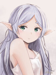 1girl asuka_(pixiv82529874) camisole elf frieren green_eyes highres long_hair pointy_ears portrait smile solo sousou_no_frieren watermark white_camisole white_hair