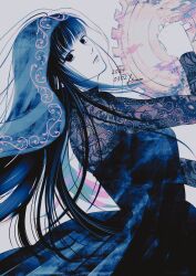 1girl blunt_bangs circular_saw commentary dated dress dutch_angle floating_hair highres holding holding_weapon long_hair long_sleeves looking_back miri_(xxxmirink) monochrome osaragi_(sakamoto_days) parted_lips sakamoto_days saw solo veil weapon