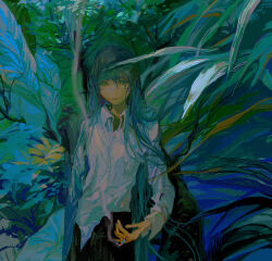 Rule 34 | 1girl, alternate costume, alternate hairstyle, aqua eyes, athgil, black pants, cigarette, collared shirt, colored eyelashes, cowboy shot, foliage, forest, hair down, hatsune miku, highres, holding, holding cigarette, leaf, long hair, looking at viewer, nature, outdoors, painterly, pants, plant, shirt, smoke, solo, untucked shirt, very long hair, vocaloid, white shirt