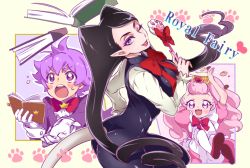 1boy 2girls ;) aroma_(go!_princess_precure) aroma_(go!_princess_precure)_(human) black_hair bloomers blue_eyes book breasts cat_tail chiyo_(rotsurechiriha) gloves go!_princess_precure lips long_hair looking_at_viewer miss_siamour miss_siamour_(human) multiple_girls one_eye_closed open_mouth pink_hair pointy_ears precure puff_(go!_princess_precure) puff_(go!_princess_precure)_(human) purple_eyes purple_hair short_hair smile tail tiara twintails very_long_hair white_bloomers white_gloves