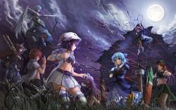 Rule 34 | 2boys, 6+girls, adapted costume, advent cirno, alternate costume, animal, animal ears, armband, armor, asymmetric gloves, asymmetrical gloves, bandages, belt, beret, bike shorts, black gloves, black shorts, blue bow, blue eyes, blue hair, blue skirt, bow, braid, broken, cape, capelet, chainsaw, cirno, clenched hand, cloak, closed mouth, cloud, collared shirt, commission, creator connection, crop top, crossed arms, crossover, doremy sweet, dress, dual wielding, engi threepiece, eye contact, eyebrows, feathered wings, fighting stance, flying, freeze-ex, frills, fujiwara yumeji, full moon, gloves, grass, green skirt, hair bow, hair ribbon, hat, hat ribbon, holding, holding sword, holding weapon, hong meiling, hood, hooded cloak, jacket, john doe (yumekui merry), key, light particles, long hair, long sleeves, looking at another, mask, merry nightmare, midriff, moon, multiple boys, multiple girls, navel, neck ribbon, night, night sky, nightcap, no shoes, outdoors, overskirt, own hands together, pants, pauldrons, planted, planted sword, planted weapon, pointy ears, pom pom (clothes), profile, purple hair, rabbit, rabbit ears, red cape, red eyes, red hair, red ribbon, reisen udongein inaba, ribbon, sash, scabbard, sheath, shirt, short hair, short sleeves, shorts, shoulder armor, skirt, skirt set, sky, smile, socks, standing, star (symbol), stomach, striped clothes, striped legwear, striped thighhighs, sword, tail, tapir tail, thighhighs, torn clothes, torn shirt, touhou, twin braids, uneven gloves, waist cape, weapon, white gloves, white hat, white jacket, white legwear, white shirt, white skirt, white wings, wings, yumekui merry