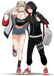 1boy 1girl black_camisole black_choker black_hoodie black_pants black_socks blush breasts brown_eyes brown_hair camisole choker cleavage closed_mouth clothes_writing commentary crop_top denim denim_shorts full_body grey_bag grey_jacket hand_on_another&#039;s_shoulder highres hood hood_up hoodie imaizumi_(imaizumin-chi) imaizumin-chi_wa_douyara_gal_no_tamariba_ni_natteru_rashii jacket jewelry kurumizaka_ruri long_hair long_sleeves medium_breasts necklace nori_gorou off_shoulder open_clothes open_jacket open_mouth pants pink_eyes red_bag red_nails shoes short_hair shorts simple_background smile socks standing standing_on_one_leg teeth twintails upper_teeth_only v v_over_eye white_background white_shoes