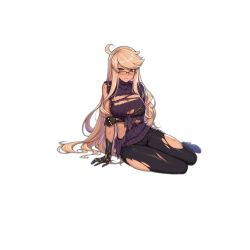 1girl ahoge alma_armas arm_under_breasts black-framed_eyewear black_boots black_bra black_gloves black_pants blonde_hair blush boots bra breasts brown_eyes crossed_legs crossover damaged dark-skinned_female dark_skin female_focus full_body girls&#039;_frontline glasses gloves bad_tag bad_tag hand_up high_heel_boots high_heels impossible_clothes impossible_sweater lace lace-trimmed_bra lace_trim large_breasts long_hair long_sleeves looking_at_viewer luggage mechanical_hands official_art on_floor over-rim_eyewear pants purple_sweater ribbed_sweater semi-rimless_eyewear sidelocks sitting smile solo sweater terras torn_clothes transparent_background turtleneck underwear va-11_hall-a wavy_hair yokozuwari