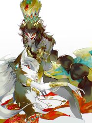 2girls absurdres beak black_hair breasts demon_girl dog_girl earrings furry furry_female glint gold_armlet gold_earrings helluva_boss highres jewelry long_hair looking_at_viewer loona_(helluva_boss) lying medium_breasts multi-tied_hair multiple_girls octavia_(helluva_boss) on_side owl_girl red_eyes revealing_clothes skirt slit_pupils very_long_hair white_hair zhu_xing_pupupu
