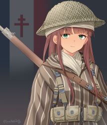Rule 34 | 1girl, absurdres, ammunition pouch, aqua eyes, artist name, belt, brodie helmet, combat helmet, commentary, dark-skinned female, dark skin, flag background, free french flag, french army, green belt, gun, gun sling, helmet, highres, jacket, leochan1202, long hair, looking at viewer, military, military uniform, original, pouch, red hair, rifle, scarf, sidelocks, solo, striped clothes, striped jacket, turban, upper body, vertical-striped clothes, vertical-striped jacket, weapon, white scarf, world war ii