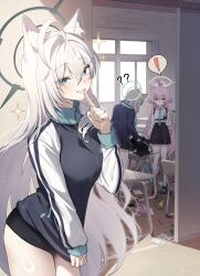 ! 3girls ? ahoge animal_ear_fluff animal_ears black_gloves blazer blue_archive blue_eyes blue_halo blue_necktie blue_scarf breasts collared_shirt cross_hair_ornament dark_halo fingerless_gloves gloves grey_hair grin hair_ornament halo heterochromia highres hoshino_(blue_archive) huge_ahoge jacket kneehighs large_breasts long_hair long_sleeves looking_at_viewer maruta_(shummylass) multiple_girls necktie pink_hair pink_halo plaid_clothes plaid_skirt pleated_skirt scarf school_uniform shiroko_(blue_archive) shiroko_terror_(blue_archive) shirt skirt smile socks sparkle spoken_exclamation_mark track_jacket very_long_hair white_shirt white_socks wolf_ears yellow_eyes
