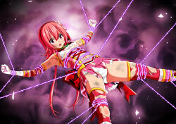 1girl absurdres armpits back_bow barbed_wire beaten blush body_blush bound bound_arms bound_legs bound_thighs bound_torso bound_wrists bow breasts brooch bruise bruise_on_arm bruise_on_face bruise_on_leg bruise_on_stomach clenched_hands clover clover_rose collared_dress cowboy_shot detached_sleeves dirty dirty_clothes dress eyebrows_hidden_by_hair feet_out_of_frame flower four-leaf_clover gloves hair_flower hair_ornament hairband hanging highres immobilization injury jewelry koeda0111 lace lace-trimmed_dress lace_trim long_sidelocks lying magical_girl miniskirt multicolored_dress multicolored_skirt navel on_back open_mouth original outstretched_arms panties pantyshot peril pink_dress pink_hair pink_skirt pleated_skirt purple_background red_bow red_brooch red_hairband restrained ryona scratches short_dress short_hair_with_long_locks sidelocks skirt sleeveless sleeveless_dress small_breasts spread_arms spread_legs suspension thighhighs tied_up_(nonsexual) torn torn_bow torn_clothes torn_dress torn_skirt torn_sleeves torn_thighhighs underwear utsugi_chisaki very_long_sidelocks violence white_panties yotsuba_no_senki_clover_rose zettai_ryouiki