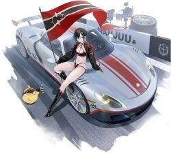 1girl azur_lane black_bra black_hair black_jacket boots bra breasts car criss-cross_halter flag hair_between_eyes halterneck high_heel_boots high_heels highres holding holding_flag horns jacket knee_boots latex latex_bra latex_panties long_hair long_sleeves looking_at_viewer manjuu_(azur_lane) medium_breasts motor_vehicle navel navel_piercing official_art ohisashiburi on_car panties patent_boots patent_heels piercing porsche porsche_918 race_queen red_horns short_hair steering_wheel stiletto_boots stiletto_heels ulrich_von_hutten_(azur_lane) ulrich_von_hutten_(ignition_matrician)_(azur_lane) underwear very_long_hair yellow_eyes