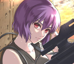 1girl black_singlet ghost_in_the_shell gun holding holding_gun holding_weapon kusanagi_motoko looking_at_viewer purple_hair red_eyes rei_rei_9 short_hair singlet solo subdermal_port weapon