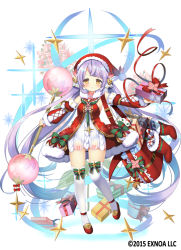 Rule 34 | 1girl, bag, bell, bow, breasts, brown eyes, candy, candy cane, christmas, christmas stocking, closed mouth, detached sleeves, dress, flower, flower knight girl, food, full body, fur trim, gift, green bow, hair bell, hair ornament, hat, henna (flower knight girl), holding, holding gift, holding wand, kurot, legs apart, long hair, looking at viewer, name connection, object namesake, official art, purple hair, red bow, red hat, red shoes, red sleeves, santa hat, shoes, sideboob, simple background, small breasts, smile, solo, standing, sweater, sweater dress, thighhighs, twintails, very long hair, wand, white background, white dress, white thighhighs, zettai ryouiki