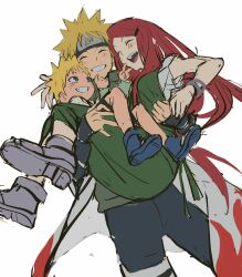 1girl 2boys betti_(xx_betti) blonde_hair blue_eyes carrying closed_eyes coat dress facial_mark family forehead_protector green_dress hashtag-only_commentary highres konohagakure_symbol looking_at_another multiple_boys namikaze_minato naruto_(series) open_clothes open_coat open_mouth princess_carry red_hair spiked_hair teeth uzumaki_kushina uzumaki_naruto whisker_markings white_background white_coat