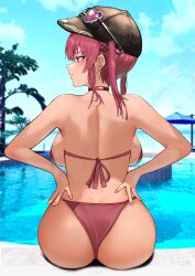 1girl absurdres ass backboob baseball_cap black_hat blue_sky breasts cloud day eyewear_on_headwear from_behind hat highres hololive houshou_marine houshou_marine_(summer) large_breasts looking_to_the_side outdoors pool red_eyes red_hair sitting sky solo tan tomo0843 tree virtual_youtuber water