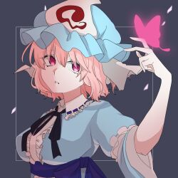 1girl 5hwhw5 black_ribbon blue_eyes blue_kimono blue_sash breasts bug butterfly collared_kimono frilled_hat frills hair_between_eyes hand_up hat highres insect japanese_clothes kimono large_breasts mob_cap neck_ribbon obi parted_lips pink_eyes pink_hair ribbon saigyouji_yuyuko sash short_hair solo touhou triangular_headpiece