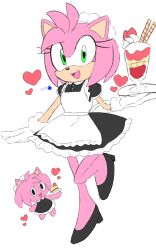 2girls amy_rose apron bare_legs cake chao_(sonic) eyelashes food fruit gloves green_eyes heart high_heels highres ice_cream legs maid maid_apron maid_headdress medium_hair multiple_girls pink_fur pink_hair sakura_2739 sega size_difference smile sonic_(series) sonic_adventure strawberry