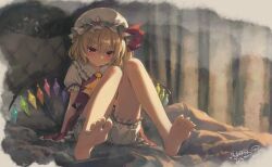 1girl absurdres ascot barefoot blonde_hair bloomers closed_mouth collared_shirt commentary crystal_wings feet flandre_scarlet foot_focus frilled_shirt_collar frilled_skirt frilled_sleeves frills full_body hair_between_eyes hat hat_ribbon highres long_hair mob_cap red_eyes red_ribbon red_skirt red_vest ribbon sharp_toenails shirt short_sleeves side_ponytail sitting skirt skirt_set slit_pupils solo symbol-only_commentary toenails toes touhou underwear upskirt vest white_bloomers white_hat white_shirt yellow_ascot youyueyue