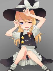 1girl apron black_hat black_shoes black_skirt black_vest blonde_hair bloomers blue_eyes blush bow braid chanpuru_(nicoseiga_67544477) commentary_request cookie_(touhou) frilled_apron frills full_body grey_background hair_bow hat kirisame_marisa long_hair looking_at_viewer mary_janes one_eye_closed open_mouth puffy_short_sleeves puffy_sleeves red_bow shirt shoes short_sleeves side_braid single_braid sitting skirt skirt_set socks solo star_(symbol) suggestive_fluid suzu_(cookie) touhou turtleneck turtleneck_shirt underwear unusually_open_eyes vest waist_apron white_apron white_bloomers white_bow white_shirt white_socks witch_hat