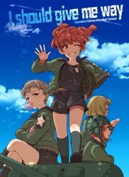 4girls absurdres aircraft airplane alisa_(girls_und_panzer) black_boots black_shirt black_shoes black_shorts blonde_hair blue_sky boots brown_eyes brown_hair chewing_gum closed_mouth cloud cloudy_sky commentary_request contrail crossed_arms crossed_legs day dog_tags emblem english_text freckles girls_und_panzer green_helmet grey_socks grin hair_ornament hand_on_own_hip helmet helmet-chan_(girls_und_panzer) highres jacket kibimoka long_sleeves looking_at_viewer m4_sherman midriff_peek military_uniform military_vehicle motor_vehicle multiple_girls naomi_(girls_und_panzer) on_tank one_eye_closed open_clothes open_jacket outdoors saunders_military_uniform shirt shoes short_hair short_twintails shorts sitting sky smile socks standing star_(symbol) star_hair_ornament tank twintails very_short_hair waving wind