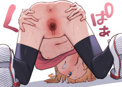 1girl absurdres anus ass black_thighhighs blonde_hair blue_eyes censored flat_chest highres loli looking_through_own_legs mosaic_censoring navel nipples one_eye_closed original pussy pussy_juice shinonome_yuki shoes solo spread_pussy thighhighs