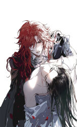 Rule 34 | 2boys, arm up, bare shoulders, black cape, black hair, blood, blood from mouth, cape, closed eyes, collared shirt, falling petals, hair over one eye, hand on another&#039;s shoulder, highres, long hair, long sleeves, male focus, multiple boys, original, parted bangs, petals, red eyes, red hair, shirt, shirt partially removed, simple background, vampire, white background, white shirt, wing collar, xiandao1213