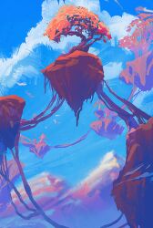 artist_name bird blue_sky cloud commentary english_commentary floating_island no_humans original outdoors plant_roots scenery signature sky tree zandra
