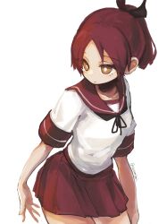 Rule 34 | 1girl, black neckerchief, black ribbon, closed mouth, commentary request, hair ribbon, highres, kantai collection, kusomisoni, neckerchief, orange eyes, ponytail, red hair, red sailor collar, red skirt, ribbon, sailor collar, school uniform, serafuku, shikinami (kancolle), short sleeves, simple background, skirt, solo, twitter username, white background