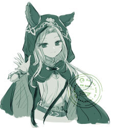 1girl animal_ears cloak commentary_request curtained_hair eyes_visible_through_hair granblue_fantasy highres hood hooded_cloak inui_nagi long_hair monochrome scathacha_(granblue_fantasy) simple_background solo white_background