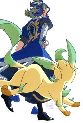 Rule 34 | 1boy, adaman (pokemon), arm wrap, black pants, black shoes, blue coat, blue hair, coat, commentary request, from below, gen 4 pokemon, hand on own hip, highres, leafeon, loose hair strand, male focus, multicolored hair, nintendo, pants, pokemon, pokemon (creature), pokemon legends: arceus, print coat, sasami 642, shoes, standing, walking