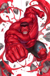 1boy artist_name black_hair colored_skin debris highres in-hyuk_lee instagram_logo instagram_username looking_at_viewer marvel muscular muscular_male open_mouth punching red_hulk red_skin short_hair shorts solo teeth torn_clothes torn_shorts watermark web_address yellow_eyes
