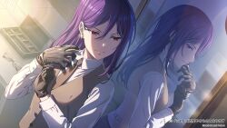 1girl bang_dream! black_gloves black_necktie brown_vest collared_shirt commentary_request copyright_name dress_shirt earrings glasses gloves hair_behind_ear hair_between_eyes highres jewelry long_hair long_sleeves mirror necktie official_art purple_hair putting_on_gloves red_eyes seta_kaoru shirt solo translated unworn_eyewear vest white_shirt