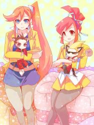 Rule 34 | 2girls, ace attorney, animal ears, apollo justice, artist request, athena cykes, bad id, bad pixiv id, belt, blouse, blue dress, blue eyes, blue ribbon, brown eyes, capcom, cat, cat boy, cat ears, character doll, chibi, collared dress, color connection, cosplay, costume switch, crossover, doll, dress, formal clothes, ghost trick, hair ribbon, hairband, high ponytail, highres, hug, jacket, leggings, legs together, lynne (ghost trick), multiple girls, necktie, orange hair, outfit connection, pantyhose, personality connection, pillow, pixel art, ponytail, red hair, ribbon, shirt, sissel (ghost trick), skirt, spiked hair, suit, trait connection, yellow jacket, yellow skirt, yomiel