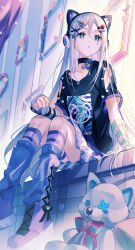 Rule 34 | 1girl, :&lt;, absurdres, animal ear headphones, animal ears, arm support, arm warmers, black choker, black shirt, blue eyes, blue shoes, bow, bow choker, cat ear headphones, choker, collarbone, fake animal ears, hair between eyes, haku wi, headphones, highres, kneehighs, knees, long hair, looking afar, picture frame, project sekai, shirt, shoes, sitting, skirt, socks, solo, striped clothes, striped socks, stuffed animal, stuffed toy, teddy bear, white hair, yoisaki kanade