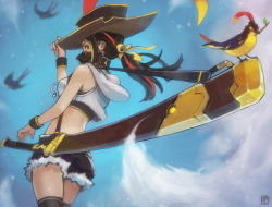 1girl absurdres ass black_hair brown_eyes cowboy_shot crop_top cutoffs day denim denim_shorts from_behind hand_on_headwear hat highres hood hood_down long_hair looking_at_viewer mask mouth_mask multicolored_hair okuto original outdoors ponytail short_shorts shorts solo streaked_hair sword thighhighs warrior weapon wristband