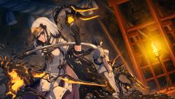 Rule 34 | 2girls, aratama (toji no miko), black gloves, black hair, blunt bangs, breasts, brown eyes, closed mouth, colored tips, dress, dutch angle, game cg, gloves, grey hair, headpiece, holding, holding sword, holding weapon, jacket, katana, large breasts, long hair, medium breasts, medium hair, multicolored hair, multiple girls, non-web source, official alternate costume, official art, origami yukari, pants, satsuki yomi, standing, sword, toji no miko, toji no miko: kizamishi issen no tomoshibi, torch, weapon, white dress, white jacket, white pants