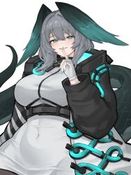 1girl absurdres aqua_eyes aqua_nails arknights between_breasts blush breasts coat commentary covered_navel cowboy_shot dress feathered_wings finger_to_mouth fingerless_gloves gloves grey_hair hair_between_eyes head_wings highres ho&#039;olheyak_(arknights) index_finger_raised large_breasts long_sleeves long_tail looking_at_viewer medium_hair open_clothes open_coat parted_lips rain_(rain8649) sidelocks simple_background smile snake_tail solo strap_between_breasts tail white_background white_dress white_gloves wings