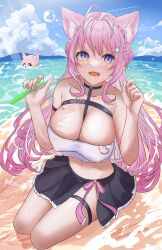 1girl absurdres animal_ear_fluff animal_ears antenna_hair arm_strap bare_shoulders beach between_breasts black_choker black_skirt blue_sky blush braid braided_bun breasts chest_belt choker cleavage cloud cloudy_sky collarbone crop_top crown_braid double_bun hair_bun hair_ribbon hakui_koyori heart heart_choker hexagon_hair_ornament highres holding holding_test_tube hololive kokoro_(hakui_koyori) large_breasts legs long_bangs long_hair looking_at_viewer midriff mountainous_horizon navel ocean ogura_toast open_mouth outdoors pink_hair pink_ribbon pleated_skirt purple_eyes red_ribbon ribbon sand seiza sitting skirt sky smile solo stomach strap_between_breasts teeth test_tube thigh_strap thighs virtual_youtuber wolf_ears wolf_girl