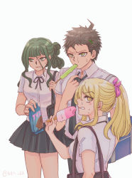 1boy 2girls ahoge bag black_necktie black_skirt blonde_hair blunt_bangs bow breasts brown_hair clenched_teeth collared_shirt commentary_request danganronpa_(series) danganronpa_3_(anime) food green_hair grey_shirt hair_bow hair_ornament highres hinata_hajime holding holding_food ice_cream kuzuryu_natsumi large_breasts midori_(310ri_21) miniskirt multiple_girls neck_ribbon necktie pink_bow pleated_skirt ponytail popsicle red_ribbon ribbon satou_(danganronpa) shirt sidelocks skirt sweat teeth