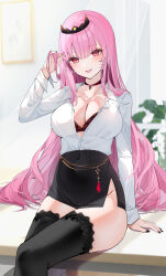 absurdres breasts cleavage highres hololive hololive_english lace lace-trimmed_thighhighs lace_trim large_breasts long_hair long_sleeves mori_calliope no_panties open_mouth pink_eyes pink_hair shirt sitting thighhighs virtual_youtuber white_shirt yukineko1018