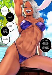 1girl :d abs absurdres animal_ears arm_up armpits artist_logo artist_name bikini bikini_bottom_aside blue_sky boku_no_hero_academia breasts censored clauschristmas clothing_aside cloud collarbone commentary dark-skinned_female dark_skin english_commentary half-closed_eyes highres logo long_eyelashes long_hair looking_at_viewer medium_breasts mirko mosaic_censoring navel open_mouth outdoors parted_bangs print_bikini pussy rabbit_ears rabbit_girl red_eyes sitting sky smile solo speech_bubble spread_legs stomach swimsuit teeth thick_thighs thighs toned toned_female very_long_hair water white_hair