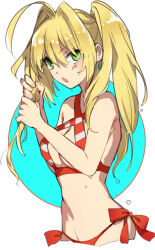 1girl ahoge bikini blonde_hair breasts cleavage commentary_request criss-cross_halter earrings fate/grand_order fate_(series) green_eyes hair_intakes halterneck hands_up jewelry kamei_(yamatomo24) long_hair looking_at_viewer nero_claudius_(fate) nero_claudius_(swimsuit_caster)_(fate) open_mouth red_bikini side-tie_bikini_bottom simple_background solo stomach striped_bikini striped_clothes swimsuit twintails water wet wringing_hair